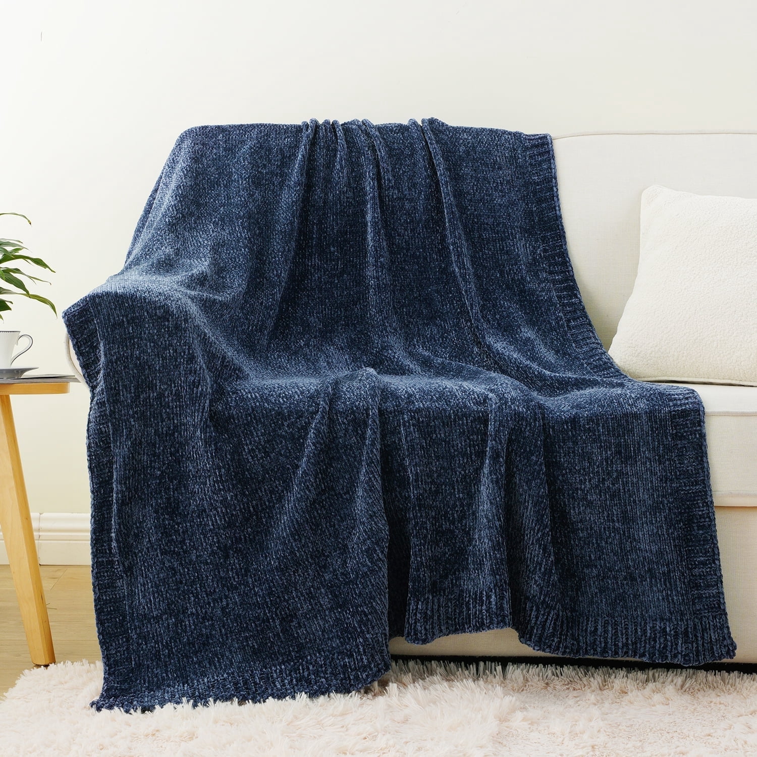 布団・毛布 IMPERF Navy Flow Throw Blanket M Battilo-Navy-Blue-Chenille-
