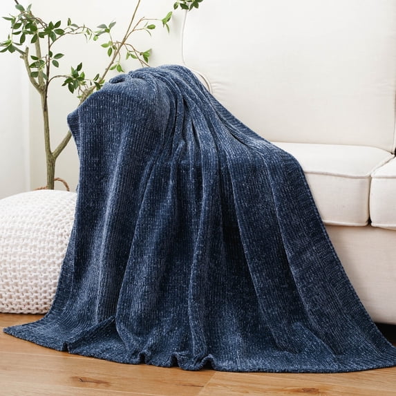 Battilo Navy Blue Chenille Throw for Couch Bed,Soft Navy Knit Blanket, Housewarming Gifts, 51"x67"
