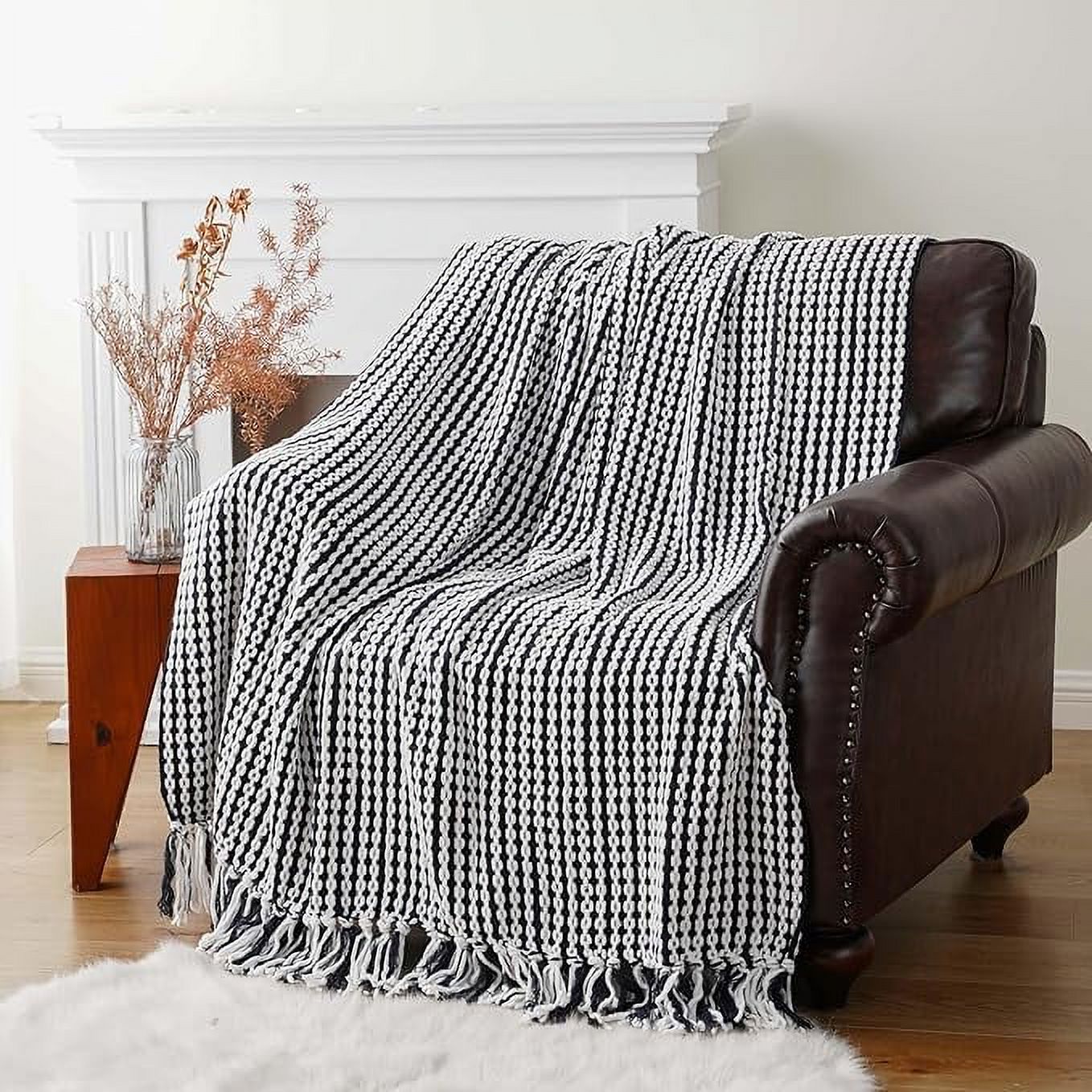 Battilo Navy Blue Chenille Throw Blanket for Couch, Striped Blue Throw