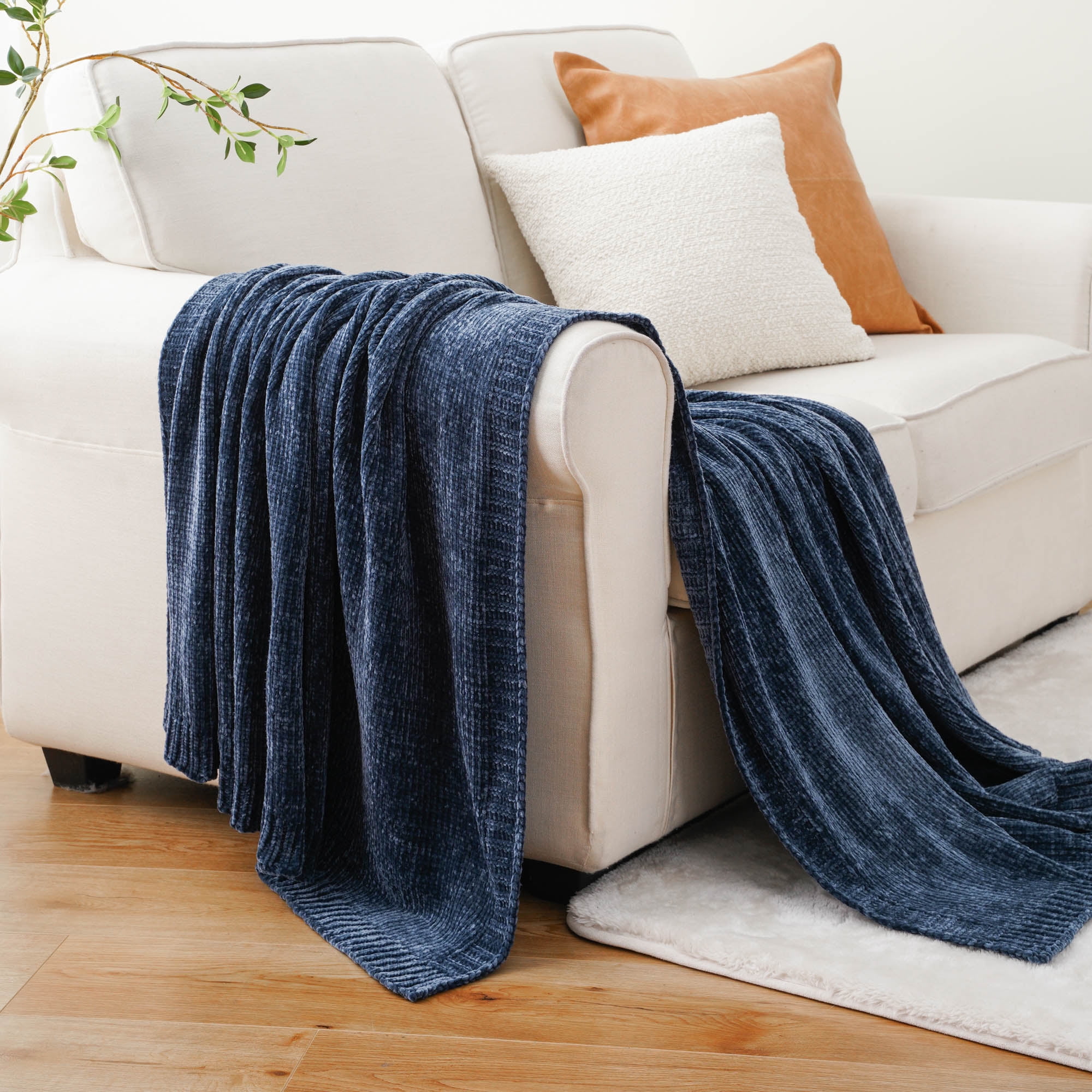 Battilo Navy Blue Throw Blanket Chenille Knit Throws for Couch Bed