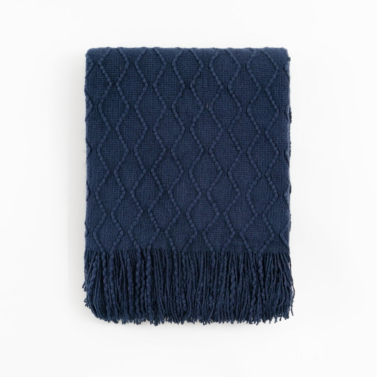 Battilo Navy Blue Throw Blanket for Couch Knit Soft Blue Blanket Throw Lightweight Home Decorative Navy Throw with Tassel for Chair Bed Sofa