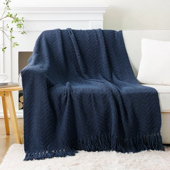 Battilo Navy Blue Knit Throw Blanket, Soft Warm Cozy Decorative Throw for Living Room, 50"x60"