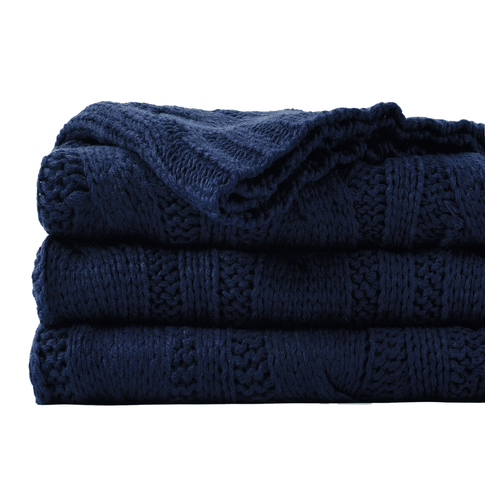 Battilo Navy Cable Knit Blankets,Herringbone Cozy Decorative Knitted Throw,Housewarming Gifts,50"x60"