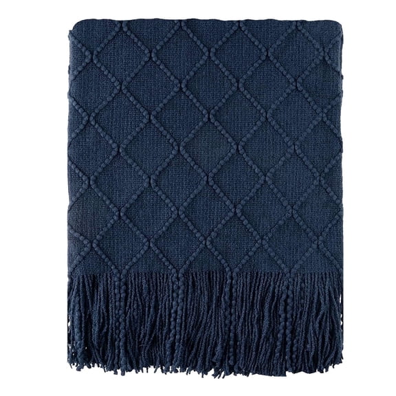 Navy Throw Blanket,Lightweight Textured Blanket with Tassels,Navy Blue Throws,50"x60"