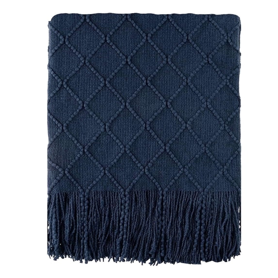 Navy Throw Blanket,Lightweight Textured Blanket with Tassels,Navy Blue Throws,50"x60"