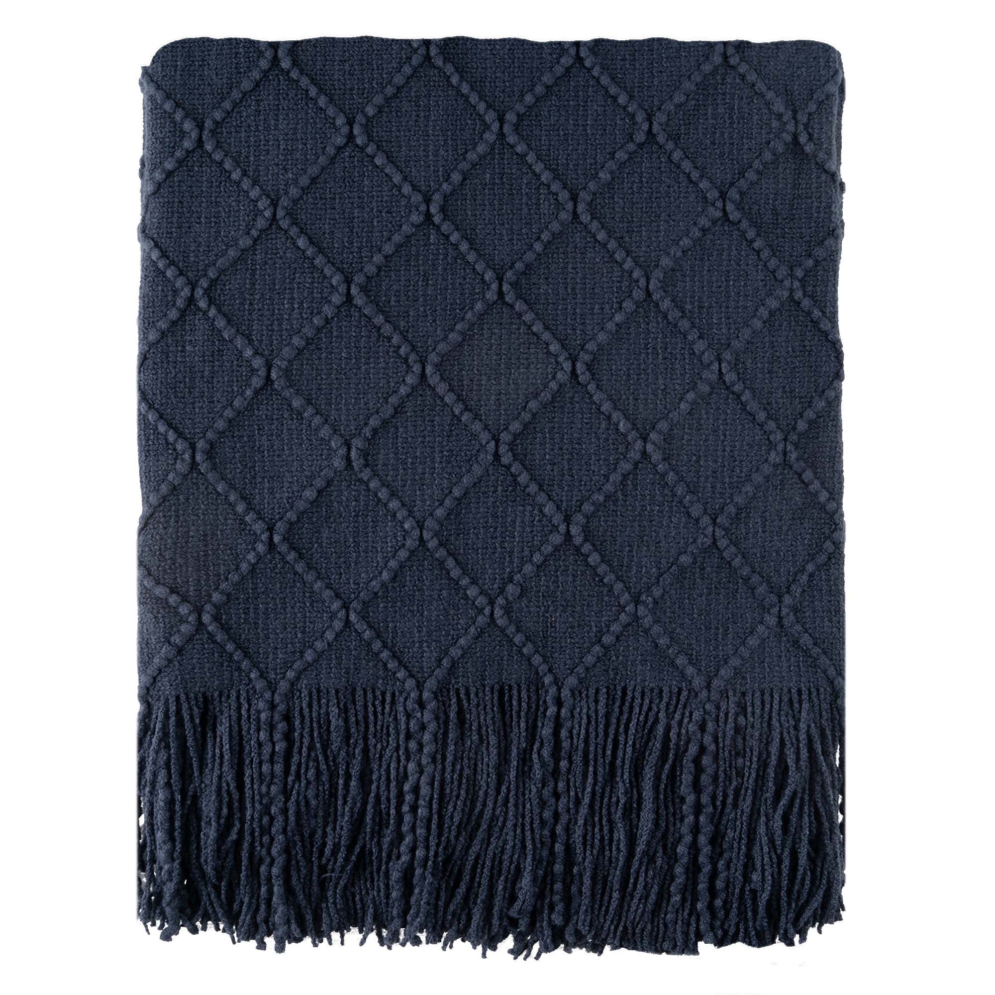 Navy Knitted Acrylic Throw Blanket with Tassels, 50"x60"