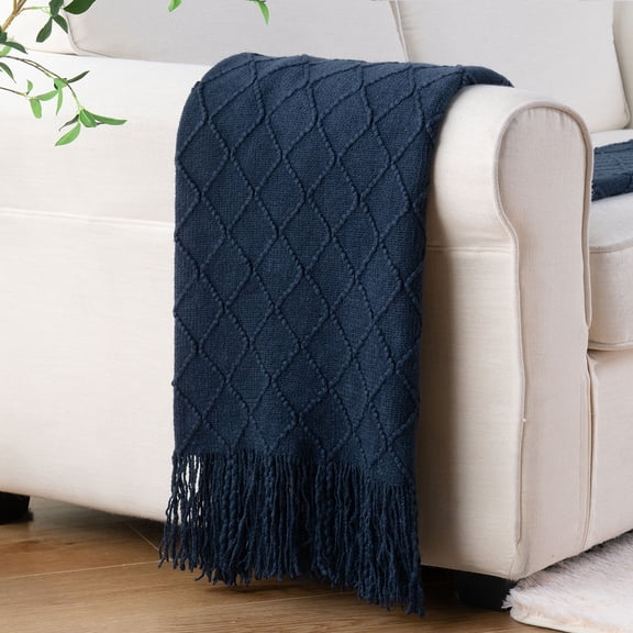 Navy Throw Blanket,Lightweight Textured Blanket with Tassels,Navy Blue Throws,50"x60"