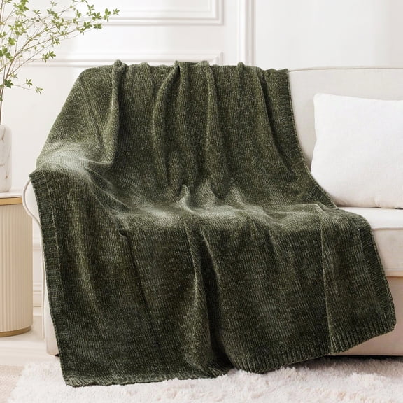 Battilo Olive Green Chenille Knit Throw Blanket, Cozy Soft Decorative Blanket for Couch, Spring Home Decor ,51"x67"