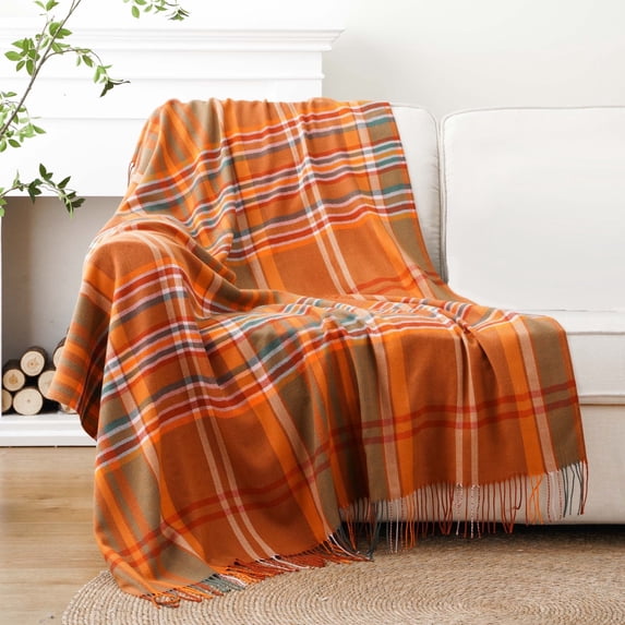 Battilo Orange Plaid Throw Blanket for Couch,Lightweight Buffalo Plaid Blanket,Fall Blanket,50"x60"