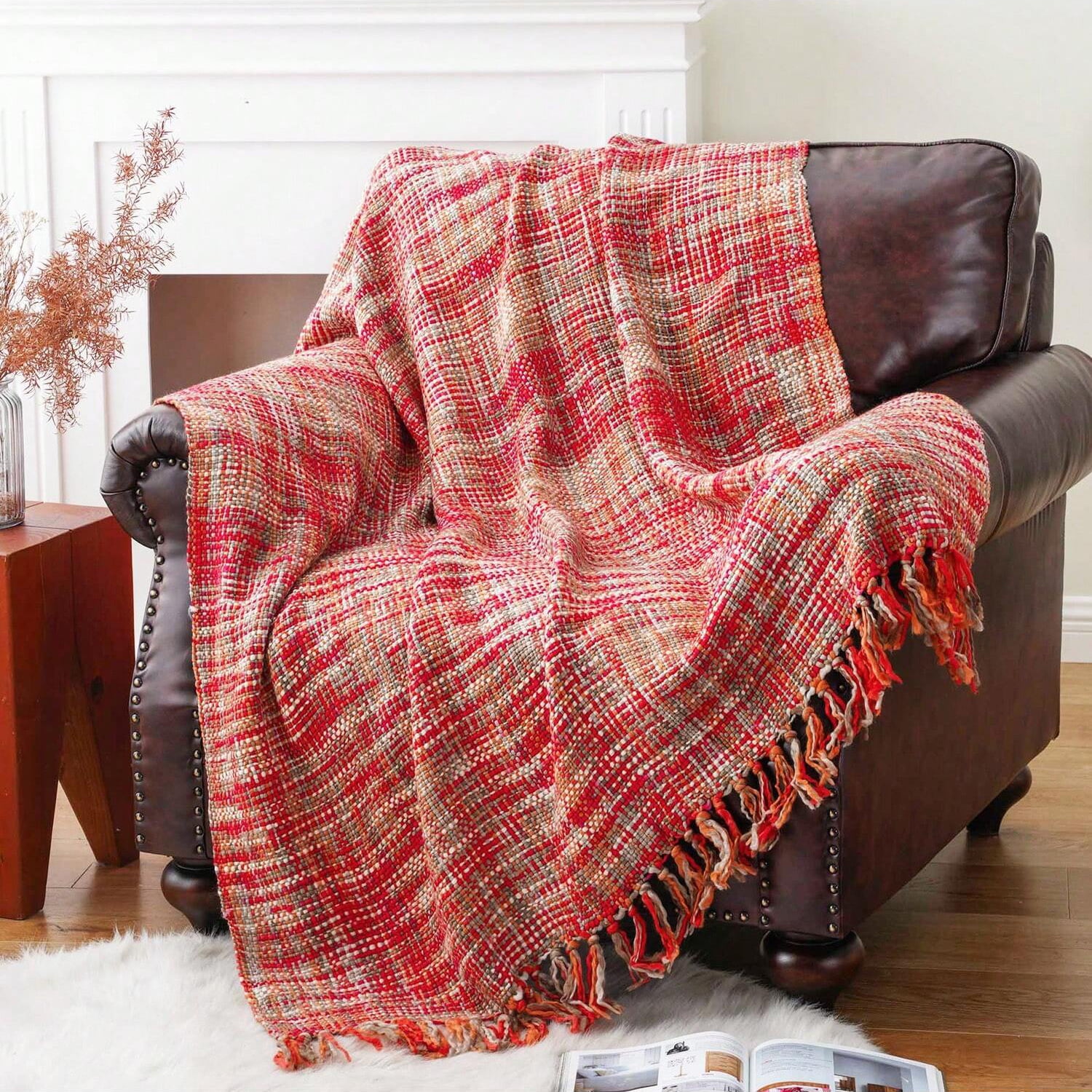 Red Throw Blanket with Fringe,Multicolor Throw Blankets,Decorative Christmas Throw,50"x60"