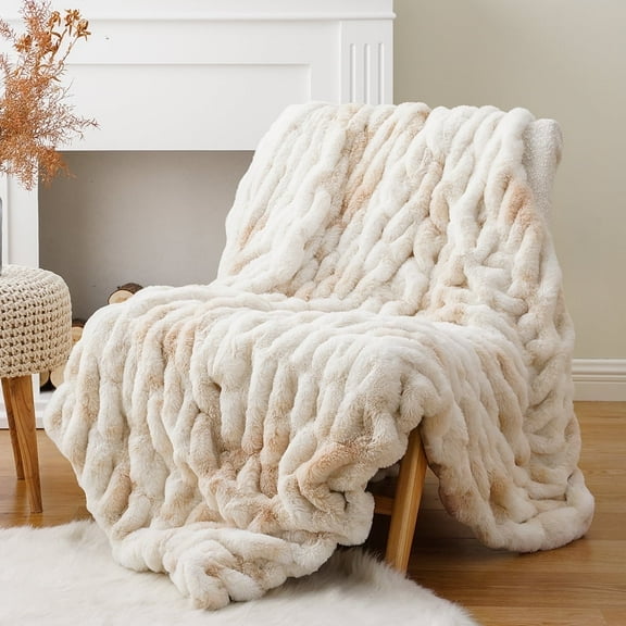 Battilo Ruched Faux Fur Throw Blanket,Beige Rabbit Faux Fur Blanket for Couch, Living Room,50"x60"