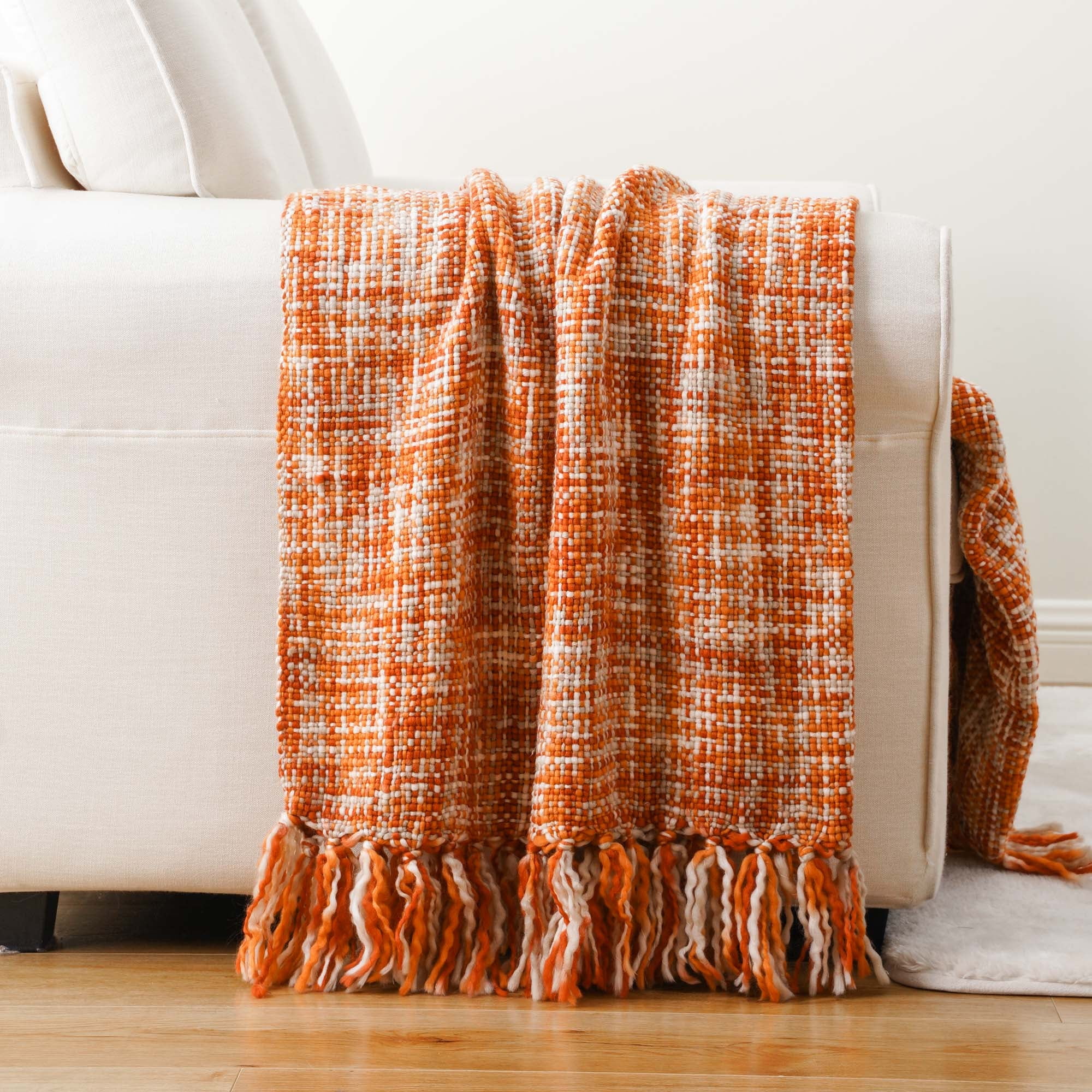 Orange Ochre Knitted Acrylic Throw Blanket with Fringes, 50"x60"