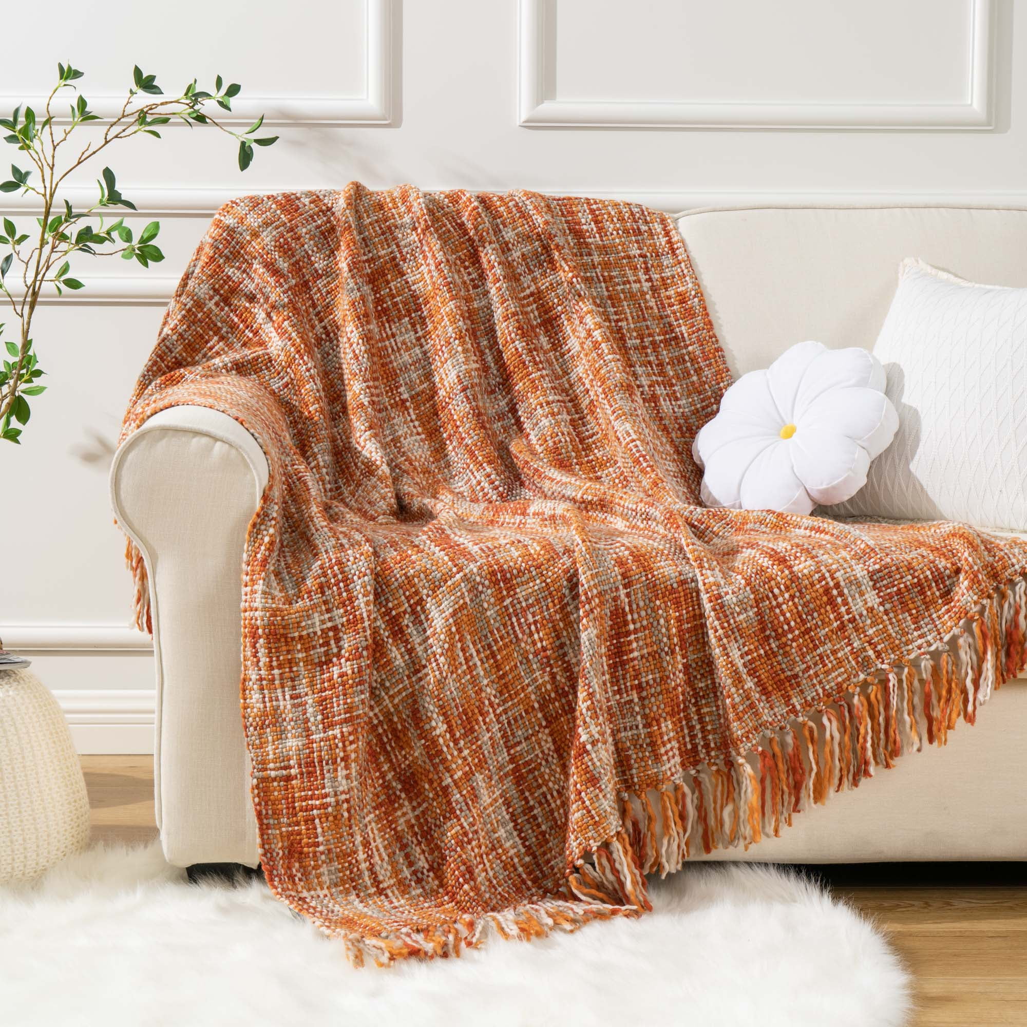 Battilo Rust Orange Throw Blanket for Couch, Decorative Fall Blankets