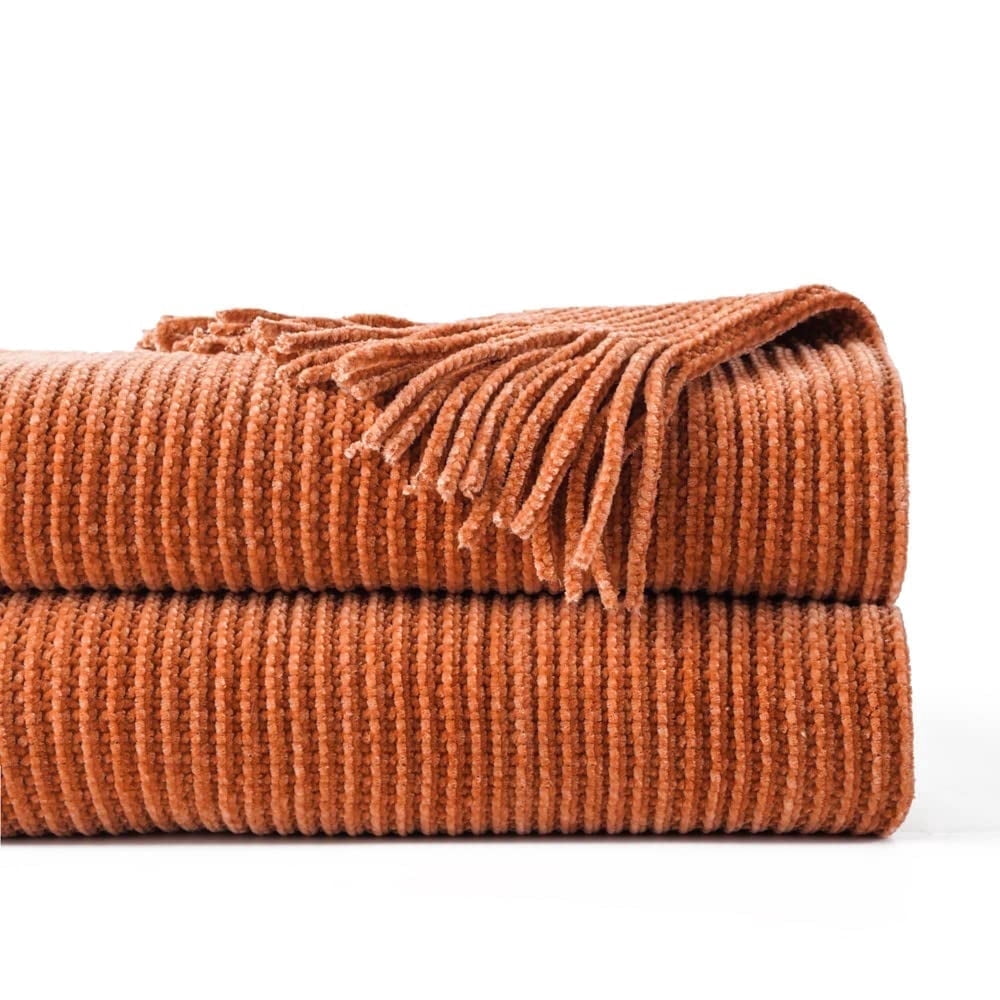 Battilo Rust Orange Throw Blanket, Soft Chenille Knit Throws with Tassels, Caramel Blanket,50"x60"
