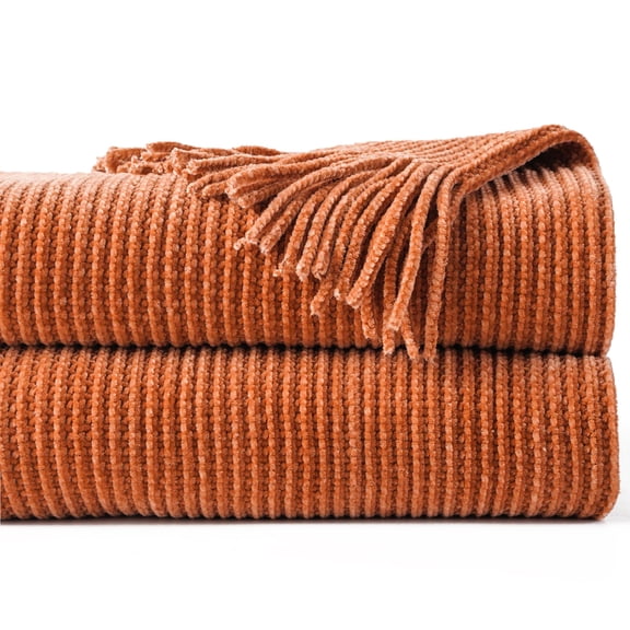 Battilo Rust Orange Throw Blanket, Soft Chenille Knit Throws with Tassels, Caramel Blanket,50"x60"