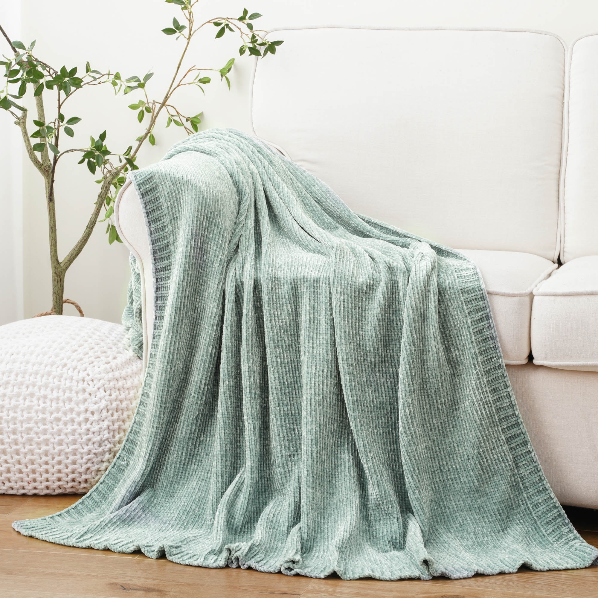 Sage Green Knitted Chenille Throw Blanket, 51" x 67"