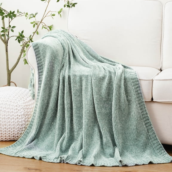 Sage Geen Chenille Throw Blanket, Mint Green Decorative Knit Throws,Spring Decor,51"x 67"