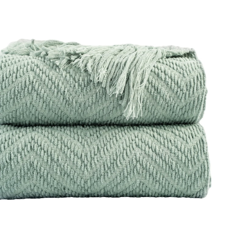 Battilo Sage Green Knit Throw Blanket, Herringbone Design, 50