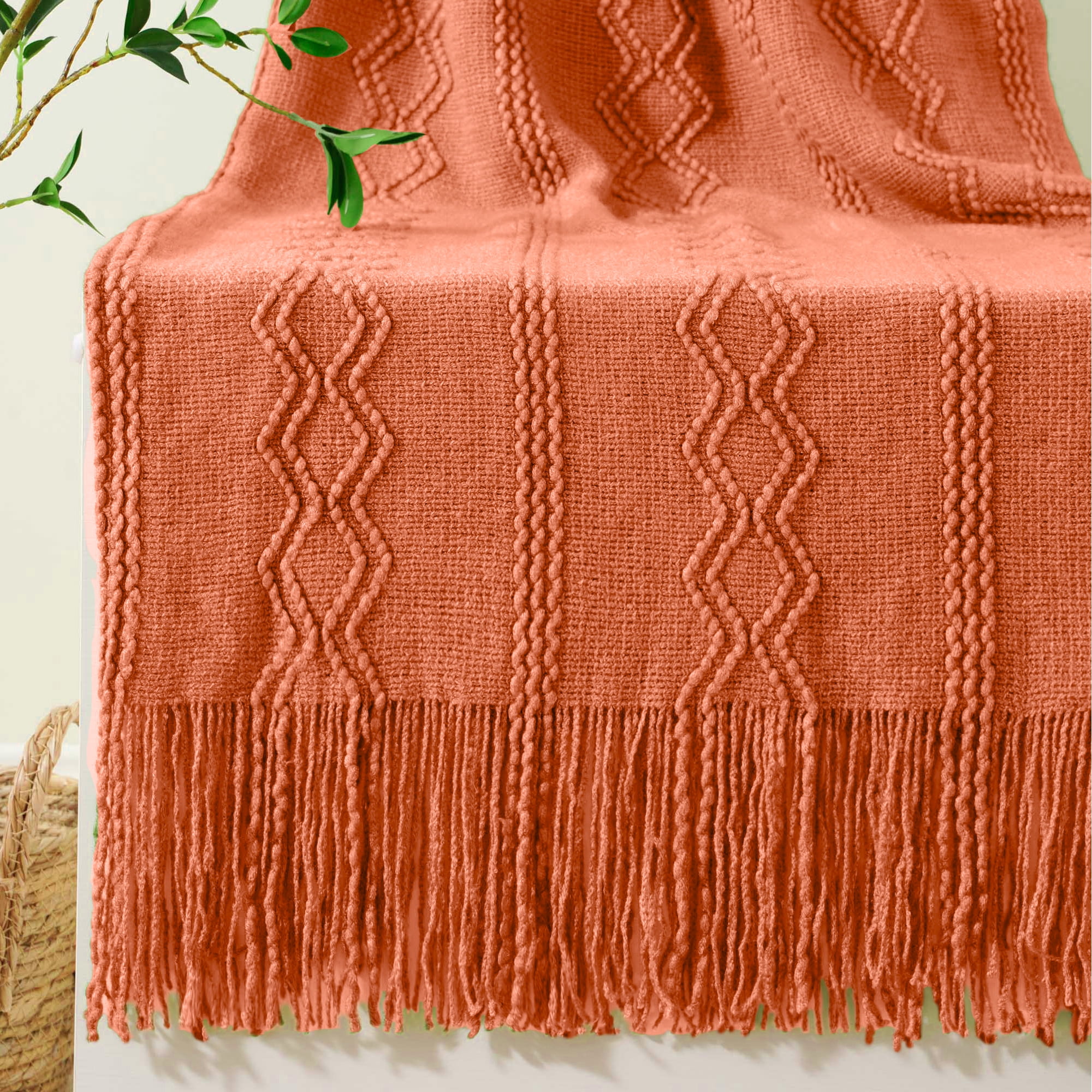 LOMAO Textured Knitted Throw Blanket – Cozy Caramel Rust Home Decor