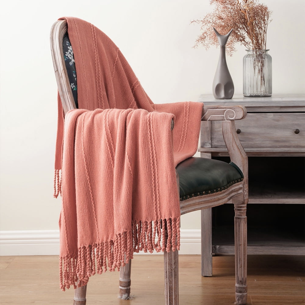 Battilo Salmon Throw Blanket for Couch Soft Warm Cable Knit Couch Blanket with Tassel Spring Fall Decorative Throw Blankets for Bed Sofa Salmon 50 x 60 Walmart