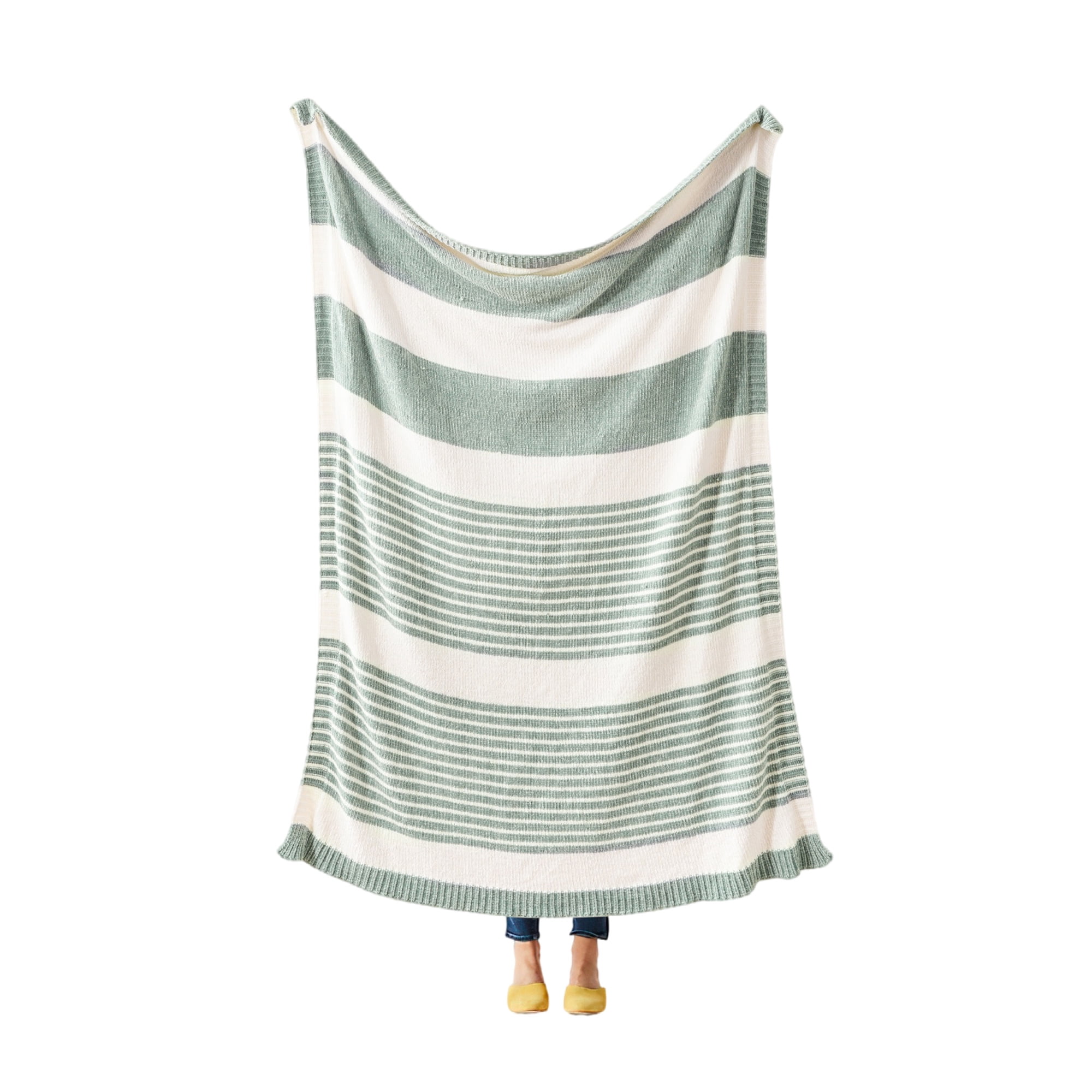 Sage Green and White Chenille Knit Throw Blanket, 67" x 51"