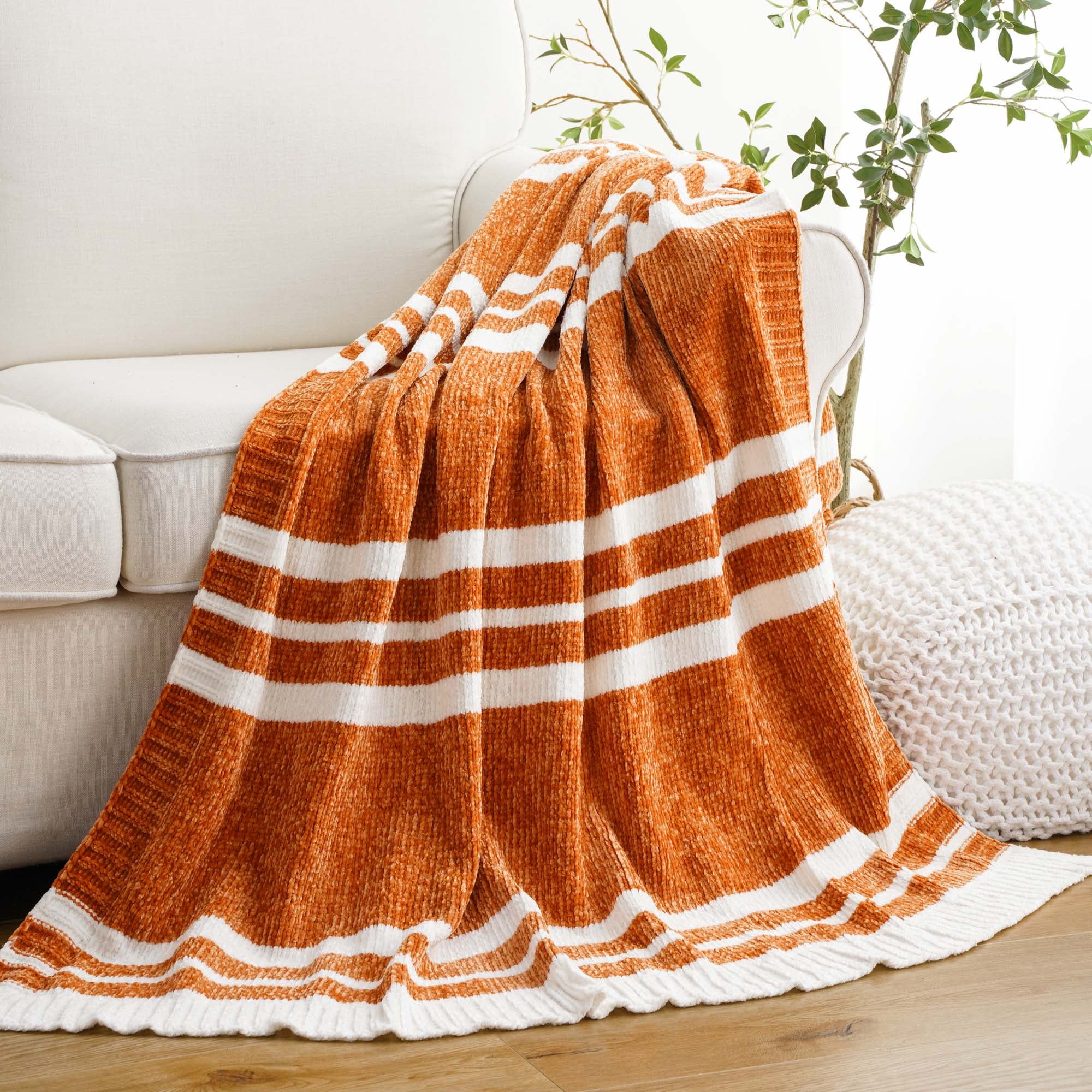 Battilo Striped Throw Blanket Soft Knitted Farmhouse Chenille Throw Cozy Knit Orange Blanket Throw for Home Decor 51 x67