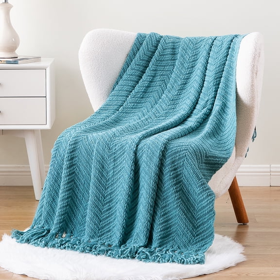 Teal Throw Blanket,Knit Woven Turquoise Blankets,Thick Green Blanket with Tassels,50"x60"