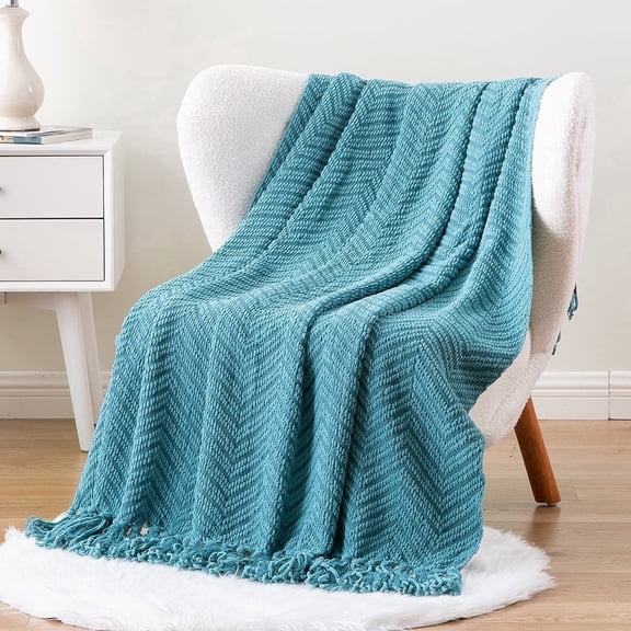 Battilo Teal Knit Woven Throw Blanket, Thick Soft Turquoise Green Blanket with Tassels for Couch, 50"x60"