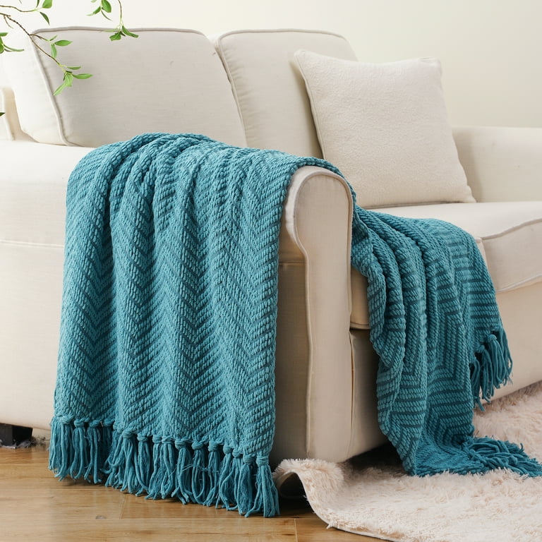 Battilo Cozy Teal Throw Blanket with Braided Fringe, Comfortable