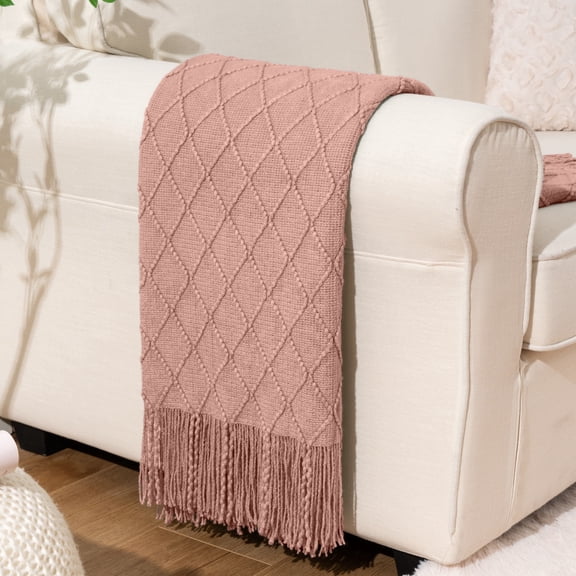 Battilo Pink Throw Blanket,Blush Knitted Blankets with Tassels,Boho Throws for Sofa,Bed,50" x 60"