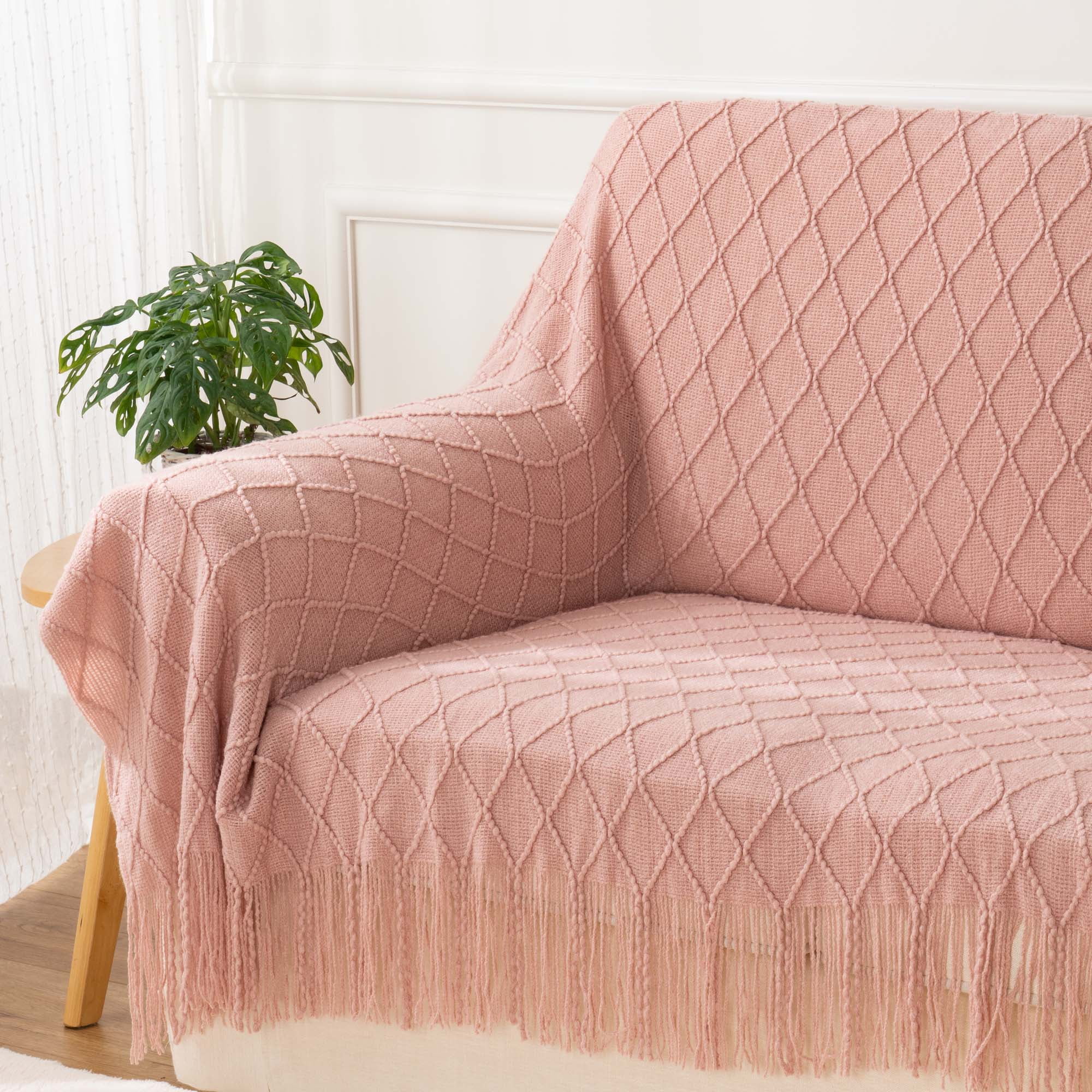 Battilo Valentine Blush Throw Blanket with Tassels, Pink Knit Blanket