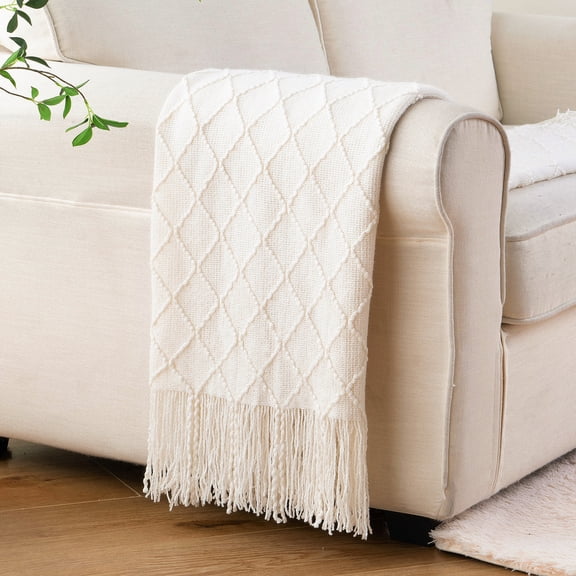 White Throw Blanket,Lightweight Cream Throws for Sofa Couch Bed,Boho Knit Blanket,50"x60"