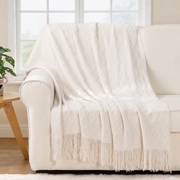 White Throw Blanket,Lightweight Cream Throws for Sofa Couch Bed,Boho Knit Blanket,50"x60"