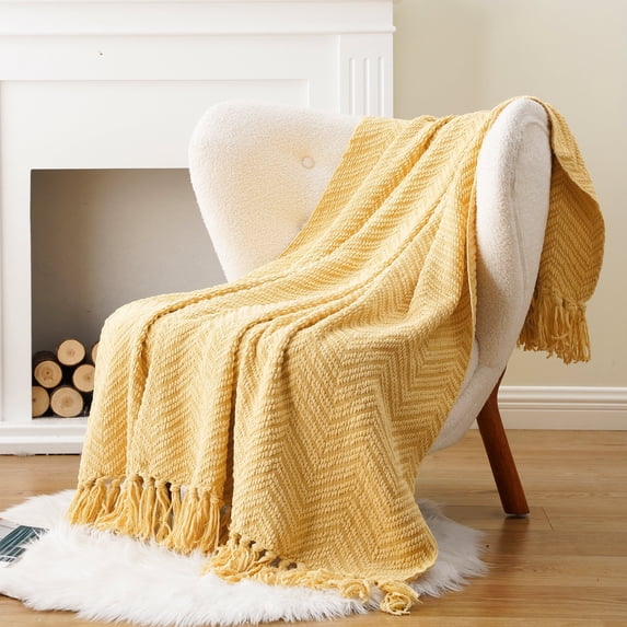Yellow Throw Blanket,Gold Blanket with Tassels,Spring Summer Throws for Chair,Bed,Sofa,50"x60"