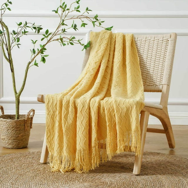 Battilo Yellow Throw Blanket Acrylic Decor Throws,Decorative Knitted