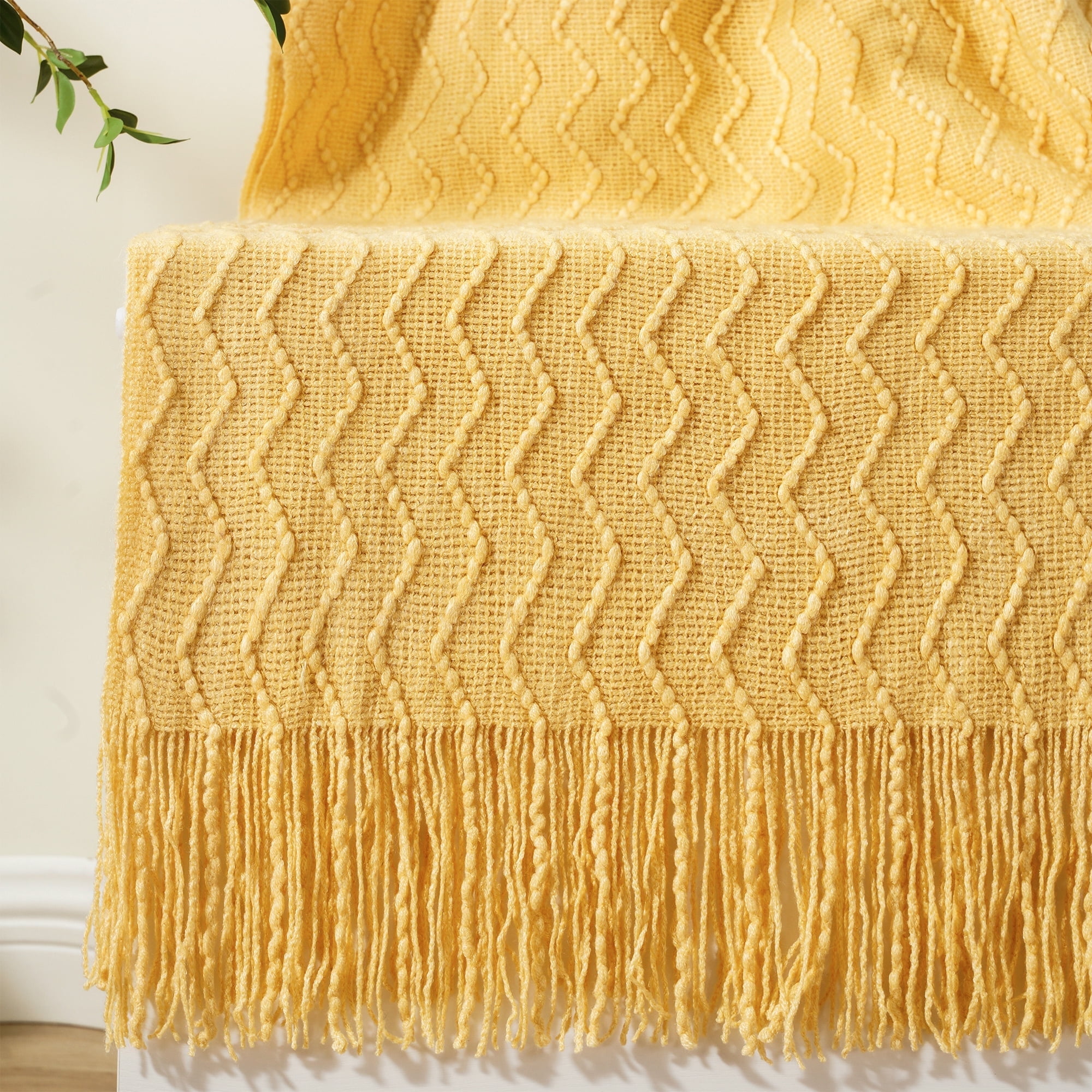 Mustard Yellow Knitted Wool Throw Blanket with Tassels, 50"x60"