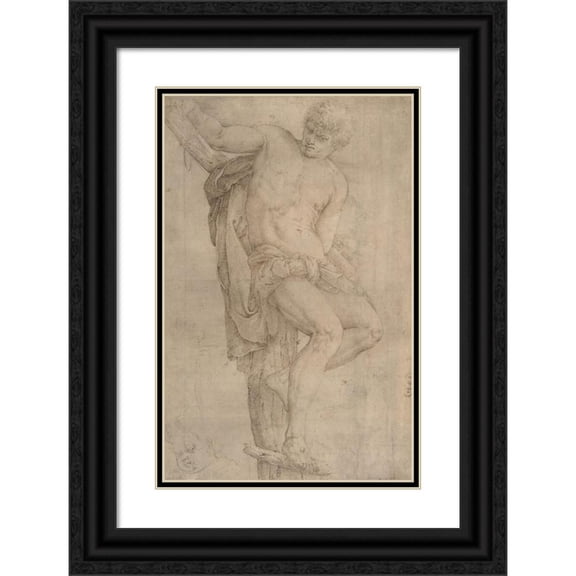 Battista Franco 17x24 Black Ornate Framed Double Matted Museum Art Print Titled: The Unrepentant Thief on the Cross, Study of a Child's Head at Lower Left, and of an Ear at Lower R