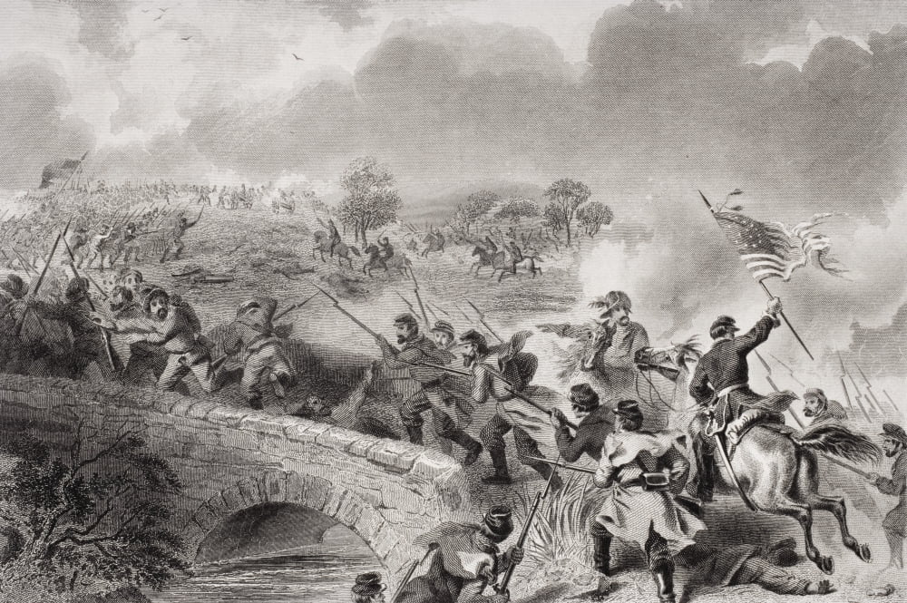 Battle Of Antietam Near Sharpsburg Maryland 1862 Taking Of The Bridge On Antietam Creek Artist FOC Darley Canvas Art - Ken Welsh Design Pics (34 x 22)