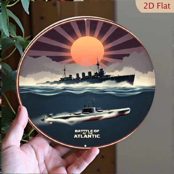 Battle of the Atlantic Naval Warship and Submarine Wall Art, Round Aluminum Metal Sign, 8x8 Inch Retro Military Illustration Decorative Plaque for Home Office
