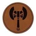 thumbnail image 1 of Battle Axe Dwarven Fantasy Weapon 2.5" Faux Leather Round Engraved Iron-On Patch - Brown, 1 of 6