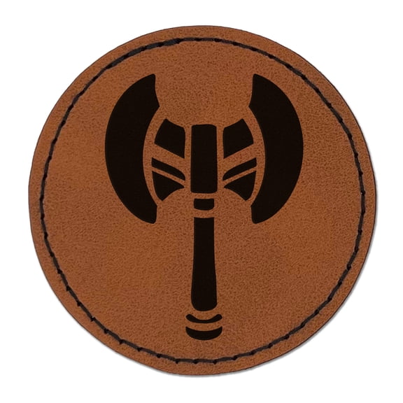 Battle Axe Dwarven Fantasy Weapon 2.5" Faux Leather Round Engraved Iron-On Patch - Brown