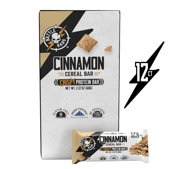 Battle Bars Cinnamon Cereal Marshmallow-Crisp Protein Bars, 12 Pack, 2.12oz, 17g Whey Protein, Gluten Free