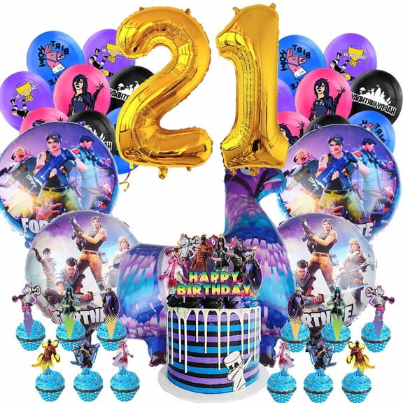 Battle Royale Fort Video Game Party Supplies 21th Decor Kit Balloons Birthday Cake Topper Decorations