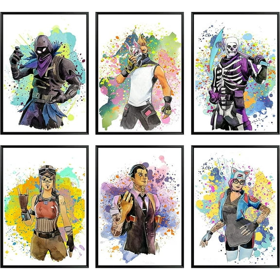 Battle Royale Posters for Boys Room Video Game Themed Skins for Boys Bedroom Decor Unframed Set of 6 Prints, 8x10 Inch, Unique Watercolor Gaming Poster for Kids, Boys Wall Decor (Modern)