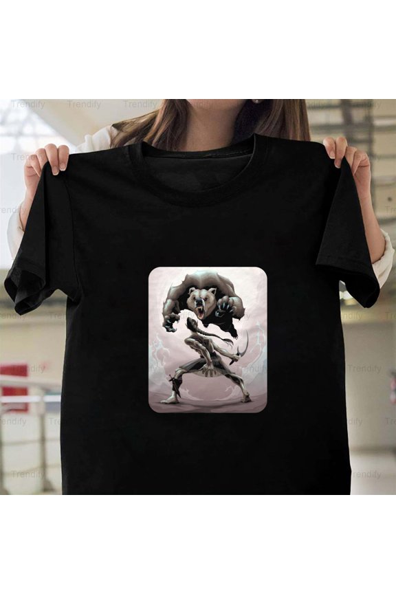 Battle Scene Between An Elf And An Angry Bear Fantasy Art Unisex T-Shirt, up to size 5XL