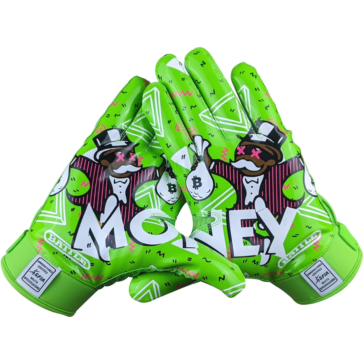Battle Sports Adult Money Man 2.0 Football Receiver Gloves - 2XL - Neon Green
