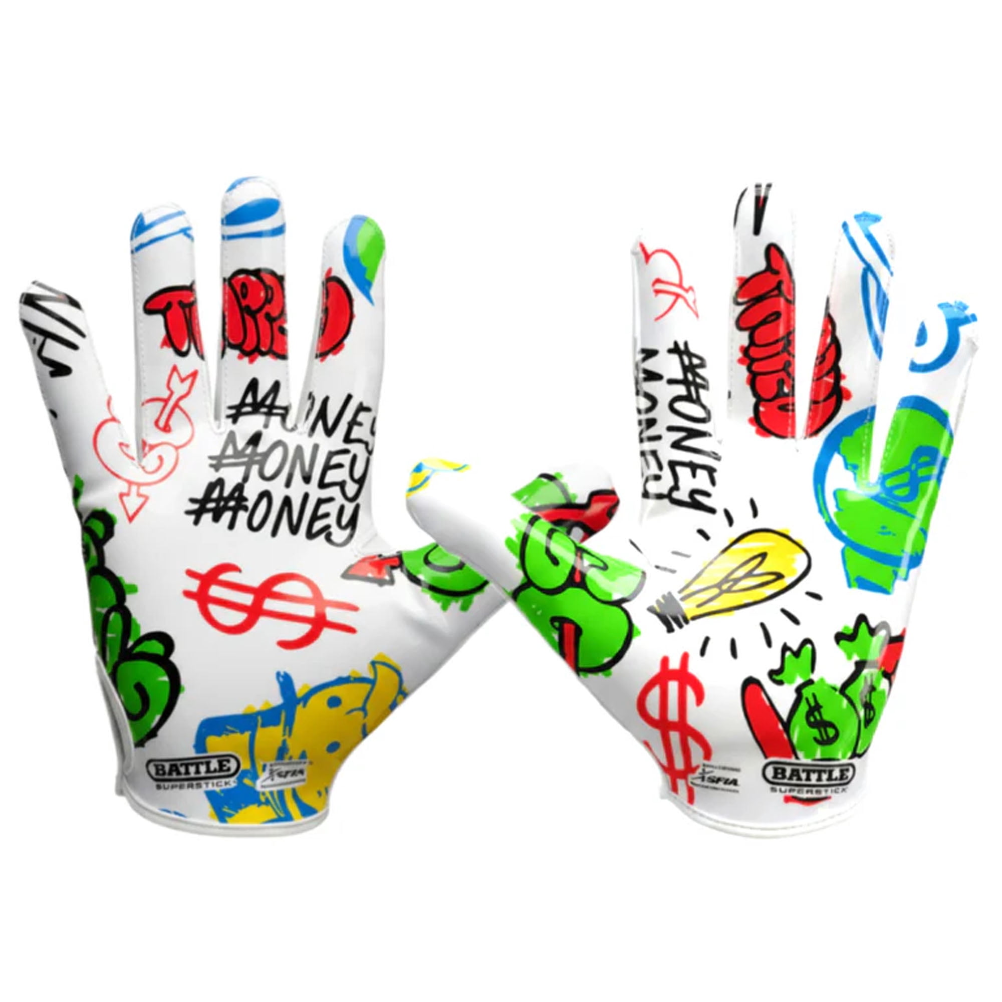 Battle Sports Adult "Monopoly Street Art" Doom Speed Receiver Football Gloves, White - Medium