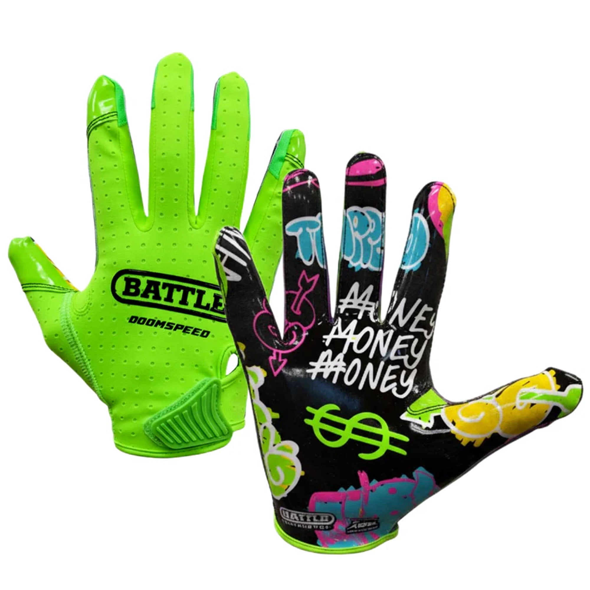 Battle Sports Doom Speed Receiver Football Glove,"Monopoly Street Art", Neon Green/Black, Adult, S