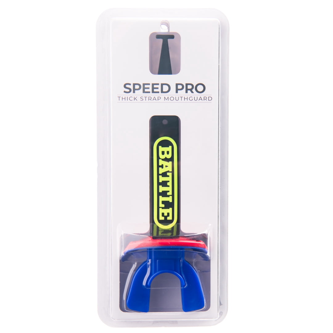Battle Sports Speed Pro Football Mouthguard with Connected Thick Strap, Black/Purple/Red