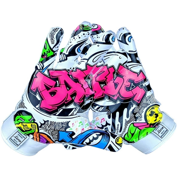 Battle Sports Youth Graffiti Triple Threat Football Gloves - Medium - White